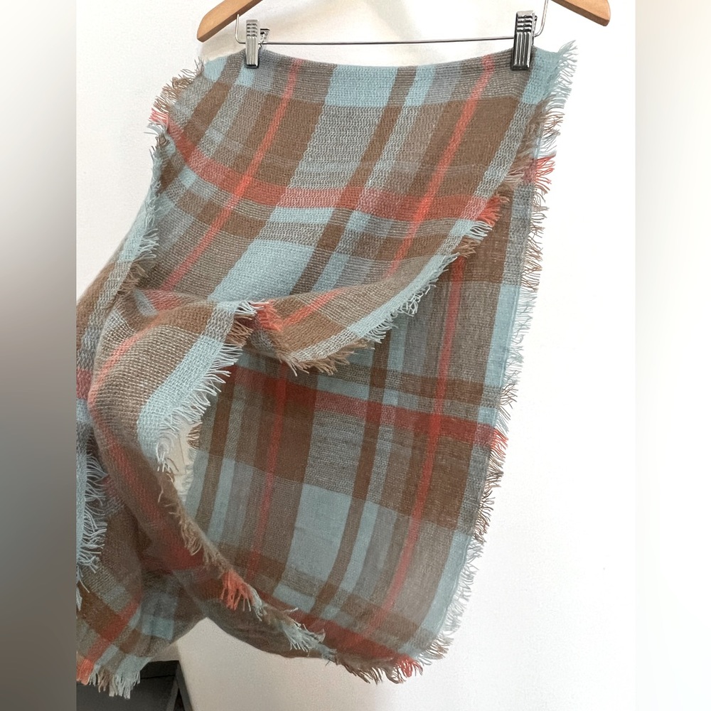 Fringed Infinity Scarf in Blue, Coral and Brown